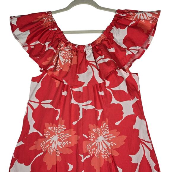 Robbie Bee Dress Womens Medium Red White Floral Ruffle Tropical Hawaiian Peasant - Picture 8 of 11